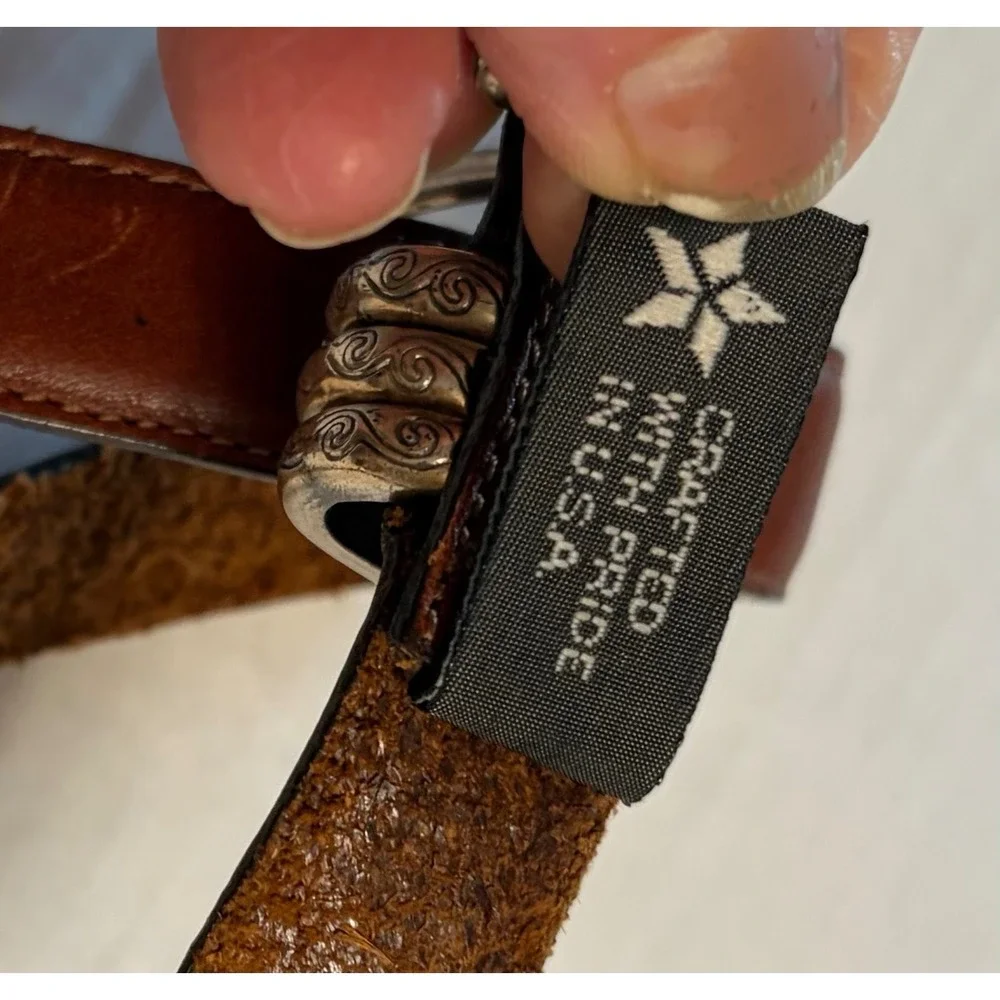 Brighton Brown Leather Belt Silver Engraved Scroll Buckle Triple Keeper Western